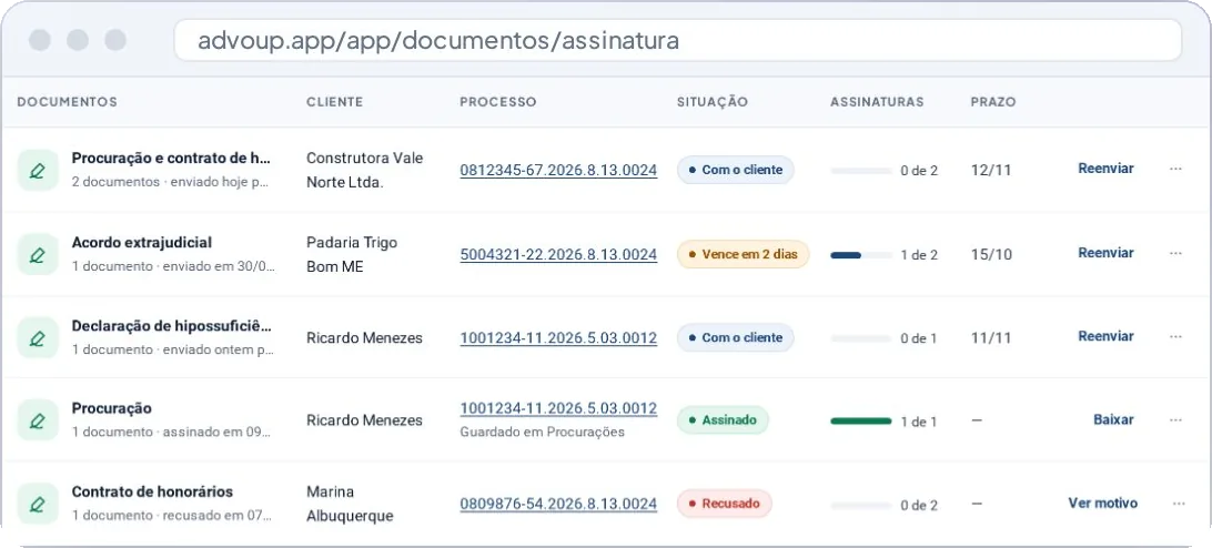 Tela real de acompanhamento das assinaturas