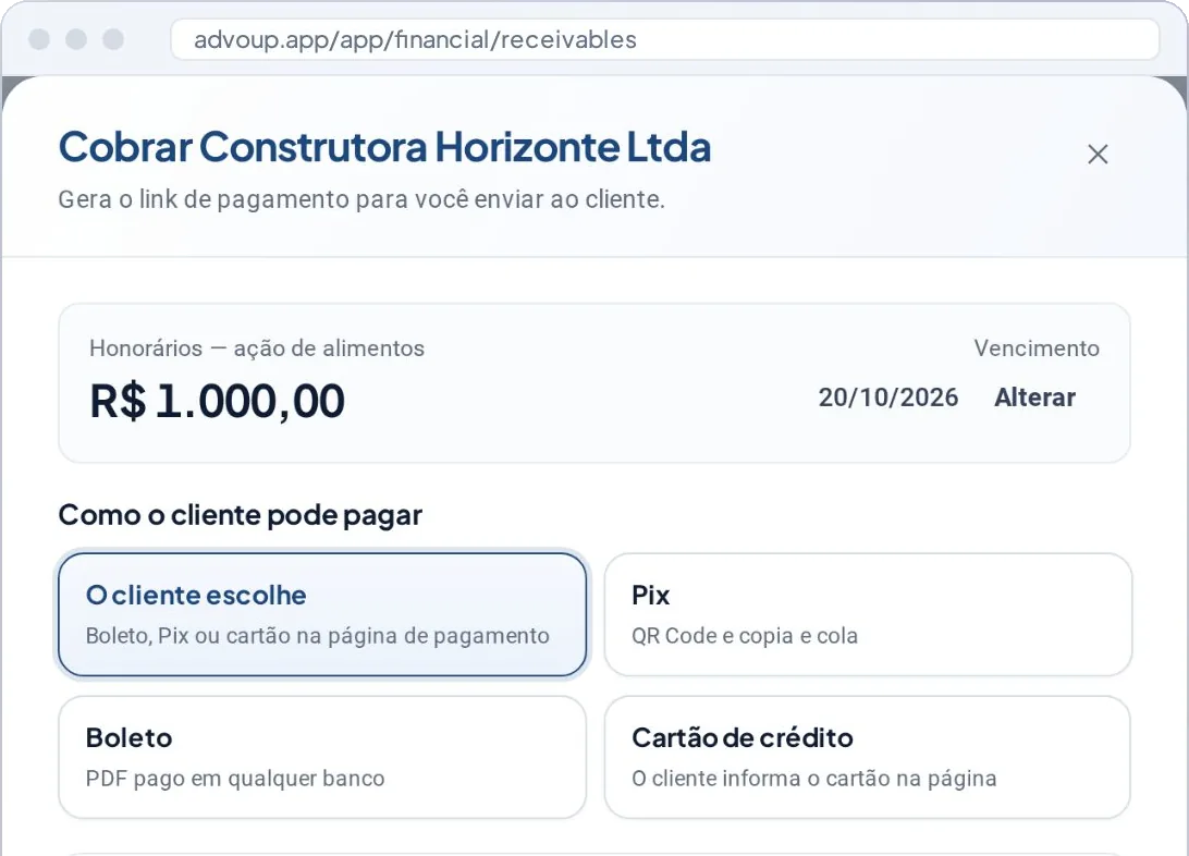 Tela real de cobrança por boleto, Pix ou cartão