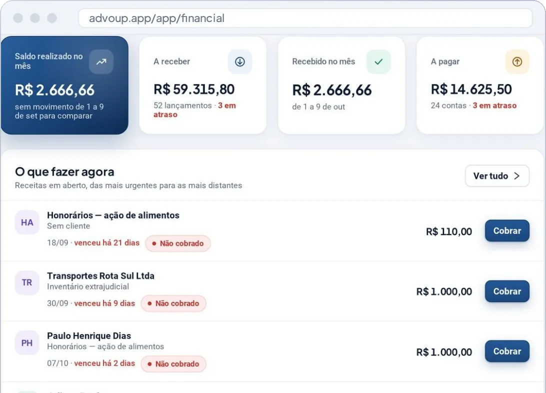 Tela real do Financeiro da Advoup