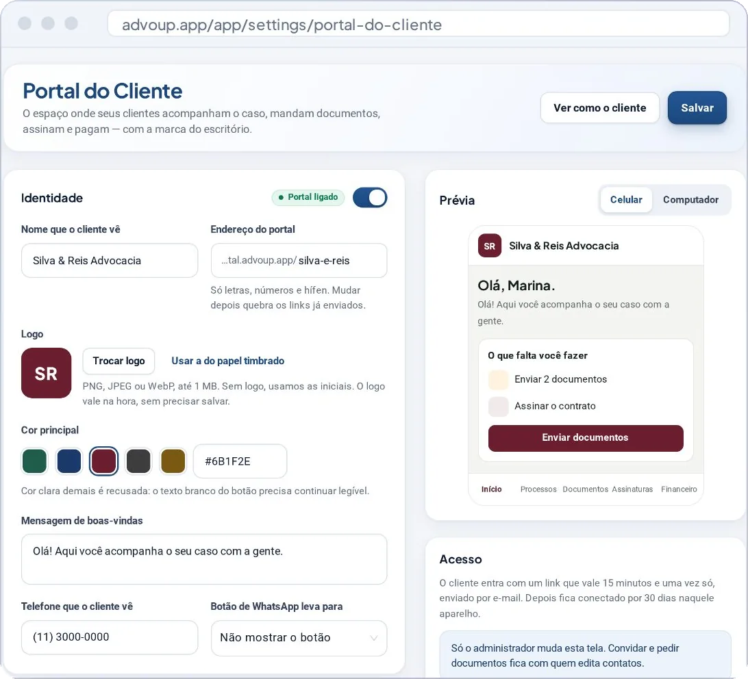 Tela real de configuração do Portal do Cliente com a prévia no celular